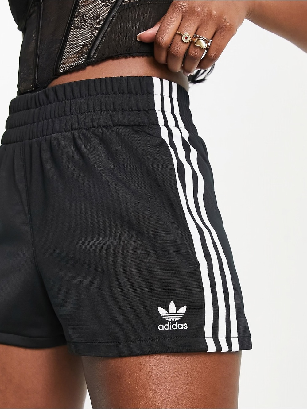 adidas Originals adicolor three stripe high waisted shorts in black